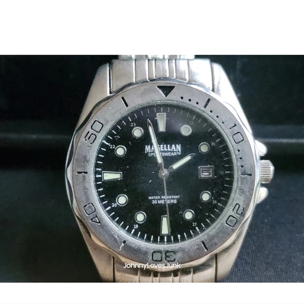 Vintage Magellan Stainless Steel Men's Dive Watch Bezel Works Runs Keeps Time